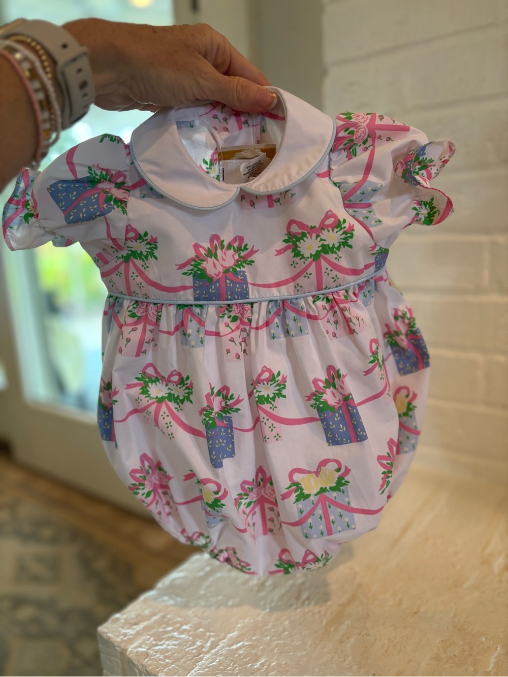 Beaufort bonnet Baby Bubble Romper with Pink & Blue Gift Print 0-6 months